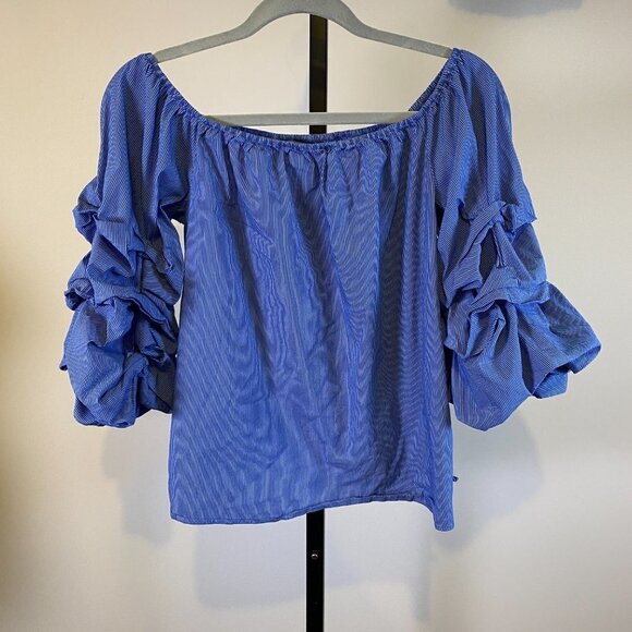 Zara Woman Blue Striped Puff Sleeves Off Shoulder Top - Picture 8 of 8